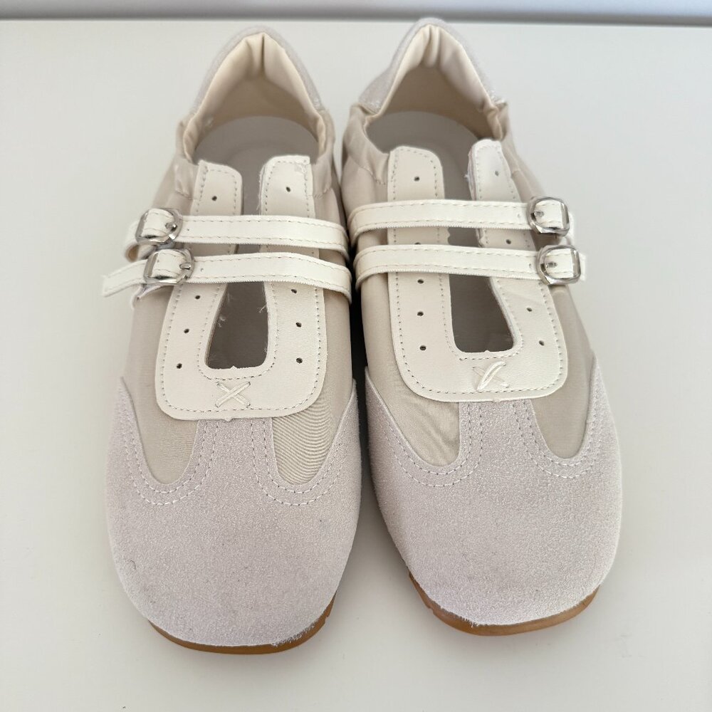 Ballet Flats Double Straps Tan Off White Size 7 Mixed Fabric